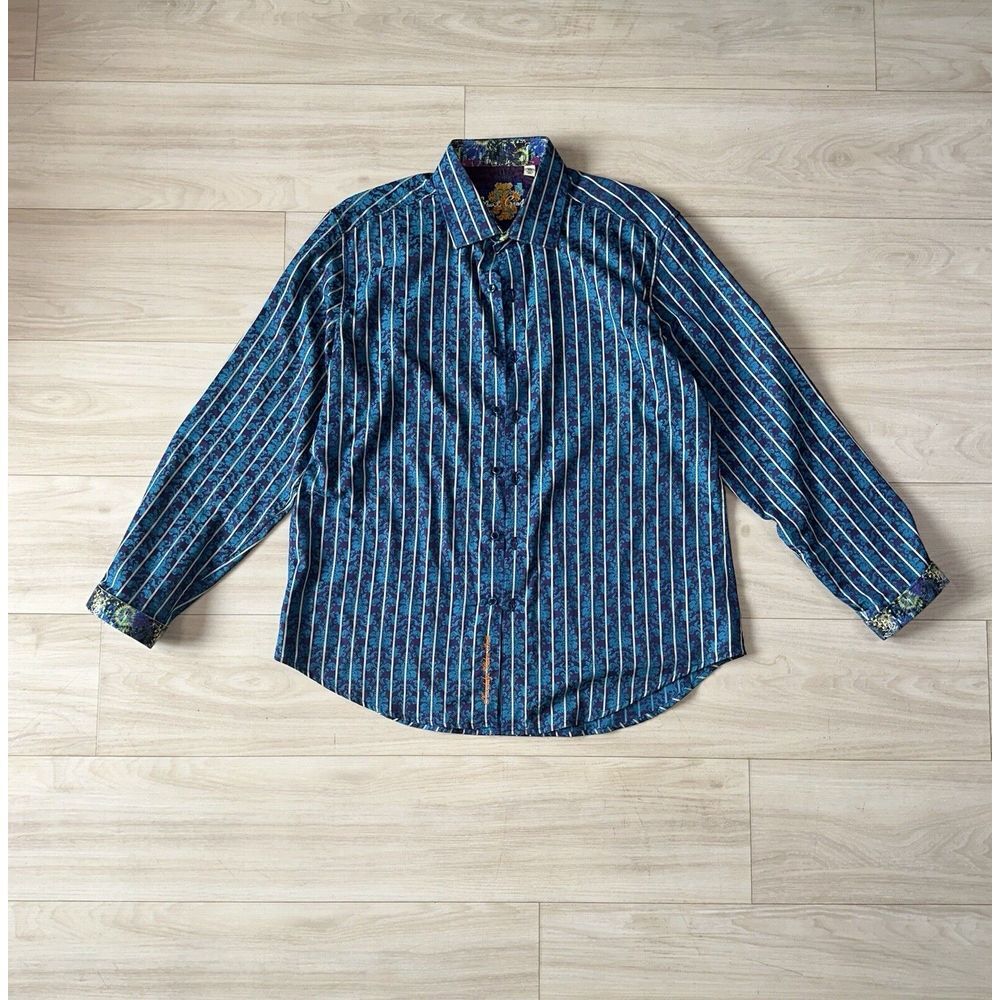 Robert Graham X Men's Flip Cuff Blue Purple Stripe Long Sleeve Shirt XL Cotton‎